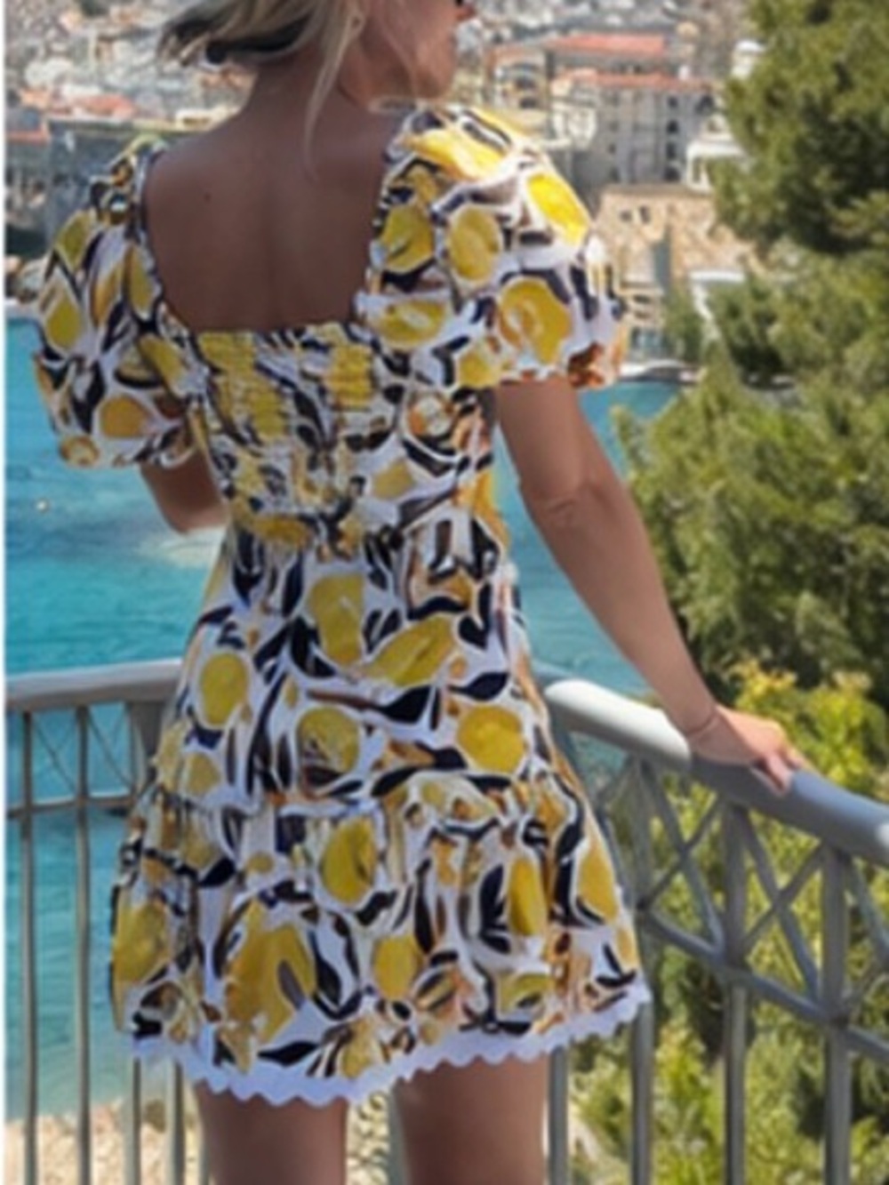 Rebecca Vallance Amarilla Lemon Print Mini Dress Size 4/6 Puff Sleeve